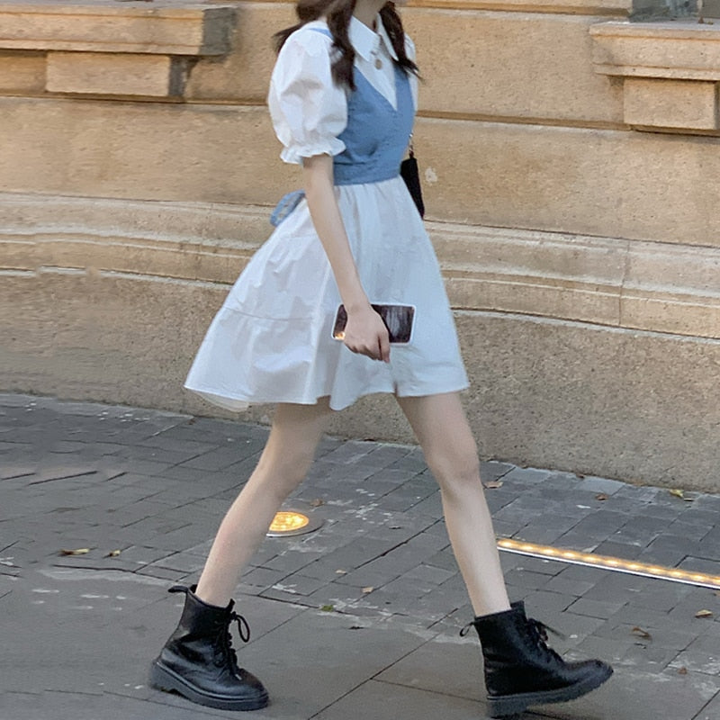 2 Piece Set Women Summer High Waist Dress Denim Camisole + Mini Dress Elegant Puff Sleeve A-line Dress Vintage Slim Dresses