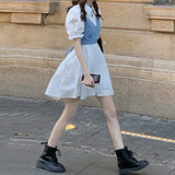 2 Piece Set Women Summer High Waist Dress Denim Camisole + Mini Dress Elegant Puff Sleeve A-line Dress Vintage Slim Dresses