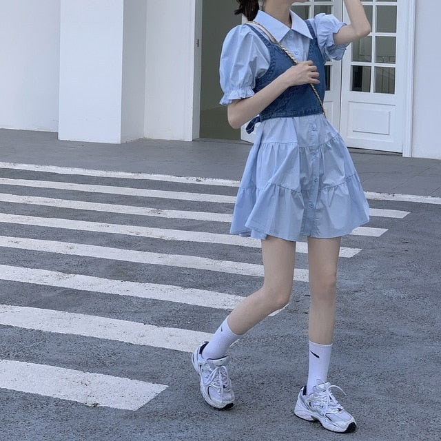 2 Piece Set Women Summer High Waist Dress Denim Camisole + Mini Dress Elegant Puff Sleeve A-line Dress Vintage Slim Dresses