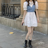 2 Piece Set Women Summer High Waist Dress Denim Camisole + Mini Dress Elegant Puff Sleeve A-line Dress Vintage Slim Dresses