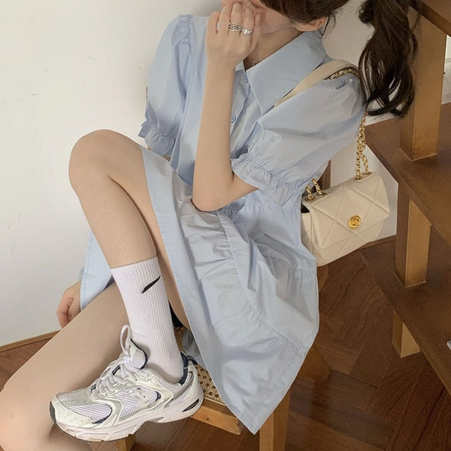 2 Piece Set Women Summer High Waist Dress Denim Camisole + Mini Dress Elegant Puff Sleeve A-line Dress Vintage Slim Dresses