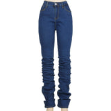 Woloong Ruched Denim Blue High Wait Stacked Pants Autumn Women Clothing Streetwear Jeans Fashion Skinny Pockets Trousers