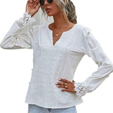 Woloong  Autumn Elegant Office Lady Spring White Tops Women's Lace Patchwork Long Sleeved V-neck Slim Shirt Ladies Fashion Casual Blouse