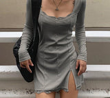 Woloong  Square Neck Lace Patchwork Bodycon Black Dress Women Elegant Cotton Fashion Side Split Autumn Dress Mini Ladies Basic