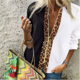 Woloong Fashion Leopard White Spliced Blouse Women Shirts Spring Fall Long Sleeve Zip Up V-Neck Tops Casual Female Plus Size Blouse