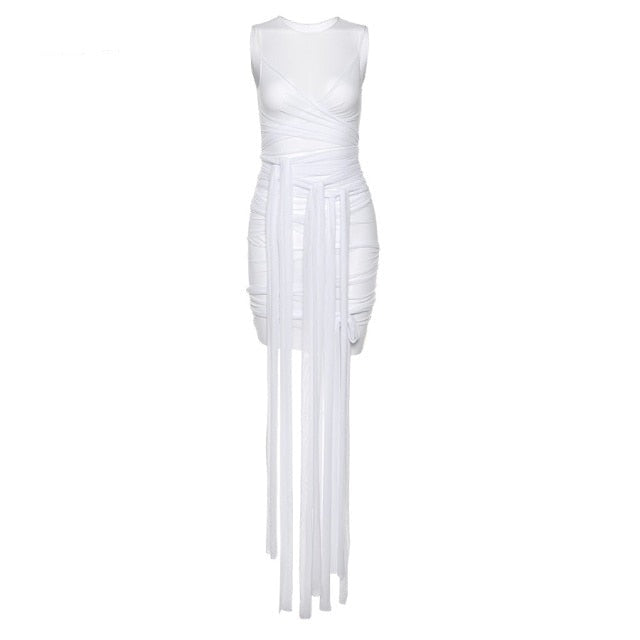 Mesh See Through Bodycon Party Dresses Women Sexy Clubwear Mini Dress Solid Sleeveless Basic Female Outfits