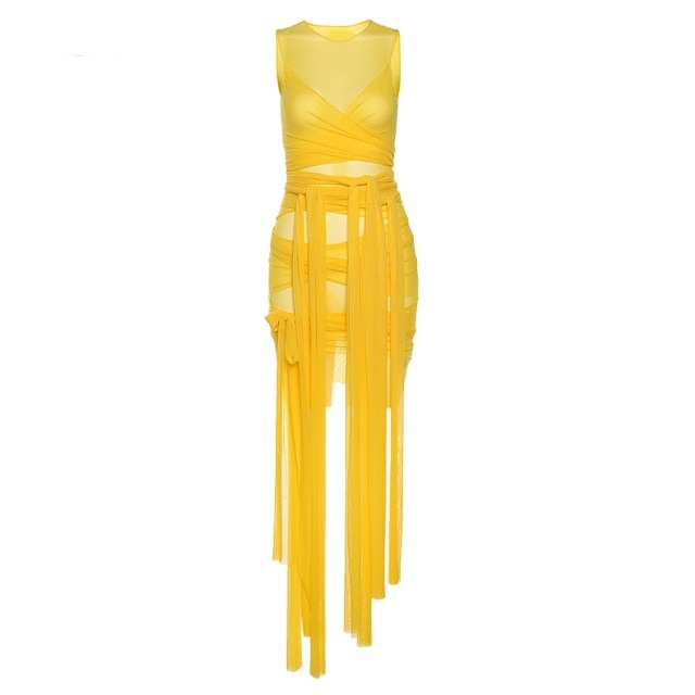 Mesh See Through Bodycon Party Dresses Women Sexy Clubwear Mini Dress Solid Sleeveless Basic Female Outfits