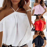 Women Summer Off Shoulder Halter Blouse Shirts Sexy Backless Solid Color Tops Ladies Elegant Short Sleeve Shirt Blusas 2XL
