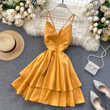 Summer Spring Beach Holiday V-Neck Backless Lace Up Ruffles Cakes Solid Elegant Women Lady A-line High Waist Dress