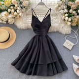 Summer Spring Beach Holiday V-Neck Backless Lace Up Ruffles Cakes Solid Elegant Women Lady A-line High Waist Dress