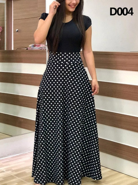 Women Maxi Dress Autumn Casual Floral Print O Neck Short Sleeve Patchwork Tunic Party Elegant Boho Dresses Robe Ladies Plus Size