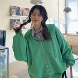 Zip up Women Korean Style hoodies For Girls Top Vintage Solid Long Sleeve Oversized Hooded Sweatshirt Jacket Casual Large Coats