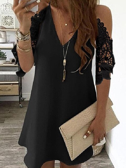woloong Women's Lace Splicing Dress V-neck Off Shoulder Sling Mini Dress Solid Color Casual  Hollow out Sleeve Dress