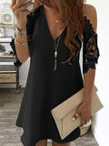 woloong Women's Lace Splicing Dress V-neck Off Shoulder Sling Mini Dress Solid Color Casual  Hollow out Sleeve Dress