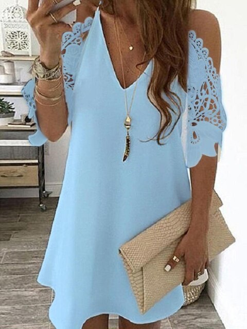 woloong Women's Lace Splicing Dress V-neck Off Shoulder Sling Mini Dress Solid Color Casual  Hollow out Sleeve Dress