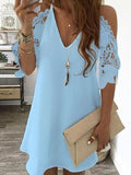 woloong Women's Lace Splicing Dress V-neck Off Shoulder Sling Mini Dress Solid Color Casual  Hollow out Sleeve Dress