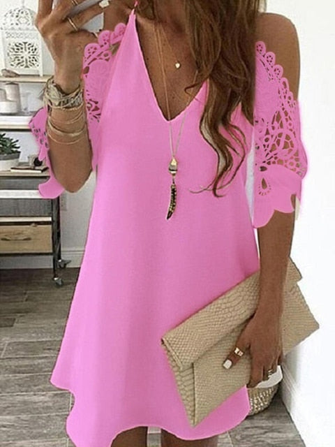 woloong Women's Lace Splicing Dress V-neck Off Shoulder Sling Mini Dress Solid Color Casual  Hollow out Sleeve Dress