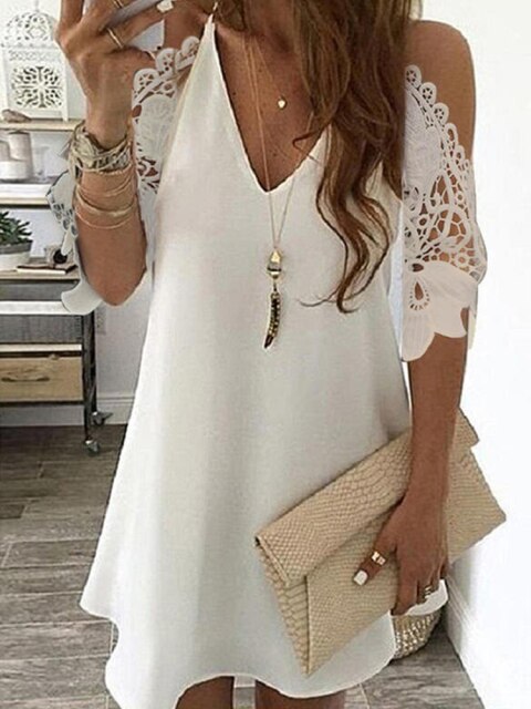 woloong Women's Lace Splicing Dress V-neck Off Shoulder Sling Mini Dress Solid Color Casual  Hollow out Sleeve Dress