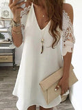 woloong Women's Lace Splicing Dress V-neck Off Shoulder Sling Mini Dress Solid Color Casual  Hollow out Sleeve Dress