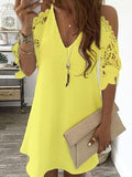 woloong Women's Lace Splicing Dress V-neck Off Shoulder Sling Mini Dress Solid Color Casual  Hollow out Sleeve Dress