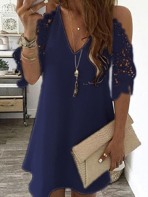 woloong Women's Lace Splicing Dress V-neck Off Shoulder Sling Mini Dress Solid Color Casual  Hollow out Sleeve Dress
