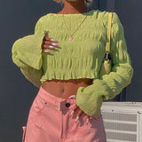 Autumn Women's New Korean Style Pleated Round Neck Long-sleeved Belly Button All-match Crop Top Women Y2k Aesthetic