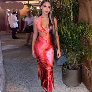 Woloong Tie Dye Summer Dress Women Waist Cut Out Backless Halter Robe Festival Clubwear Bodycon Sexy Party Maxi Dresses