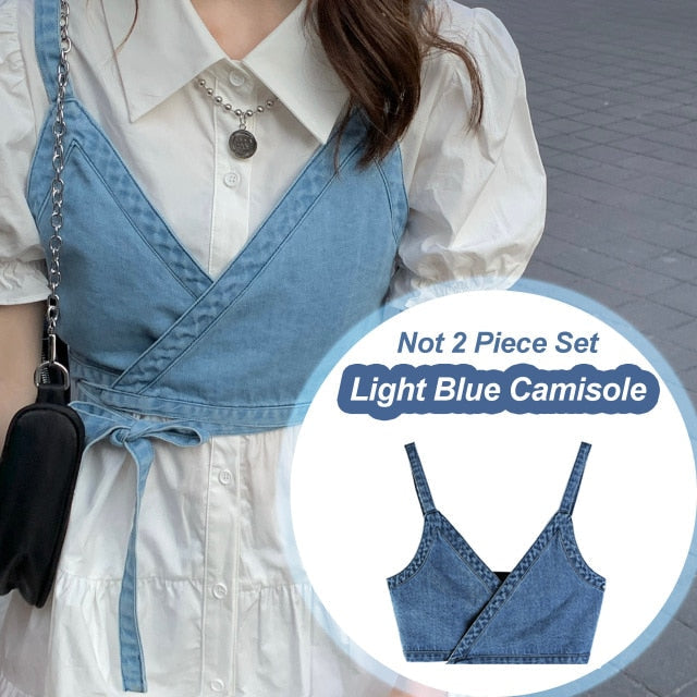 2 Piece Set Women Summer High Waist Dress Denim Camisole + Mini Dress Elegant Puff Sleeve A-line Dress Vintage Slim Dresses