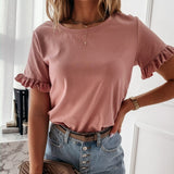 100% Cotton Casual Ruffles Short Sleeve Plus Size T Shirts Women Fashion Solid Loose T Shirt Spring Summer All-match Top Ladies