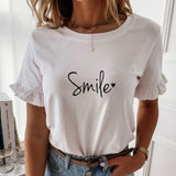 100% Cotton Casual Ruffles Short Sleeve Plus Size T Shirts Women Fashion Solid Loose T Shirt Spring Summer All-match Top Ladies