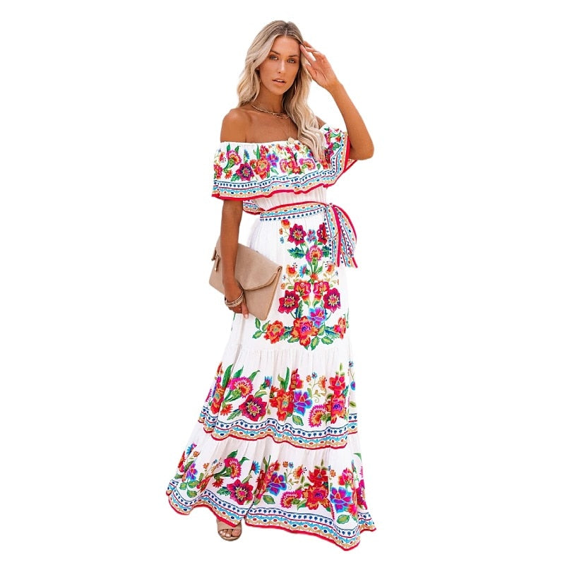 Woloong Floral Print Dress Slim Sexy Off The Shoulder Long Dress Irregular Female Streetwear New Dress Casual Autumn And Winter
