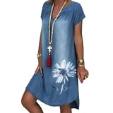 Woloong Aiertu Fashion Women's Summer Jeans Dress Short Sleeve Chrysanthemum Print Irregular Hem Loose Denim Dress Casual Vintage Women Dress