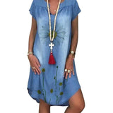 Woloong Aiertu Fashion Women's Summer Jeans Dress Short Sleeve Chrysanthemum Print Irregular Hem Loose Denim Dress Casual Vintage Women Dress