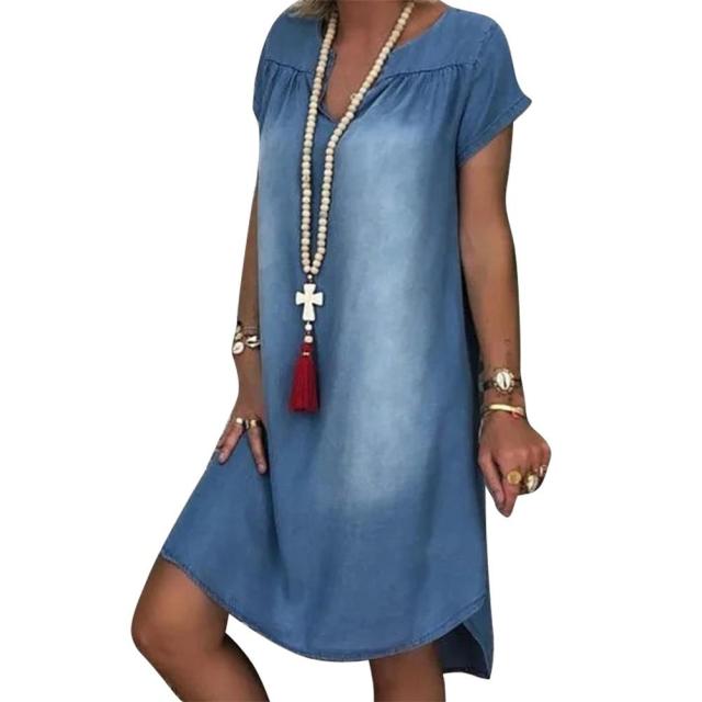 Woloong Aiertu Fashion Women's Summer Jeans Dress Short Sleeve Chrysanthemum Print Irregular Hem Loose Denim Dress Casual Vintage Women Dress