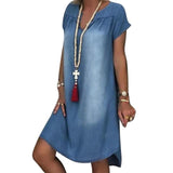 Woloong Aiertu Fashion Women's Summer Jeans Dress Short Sleeve Chrysanthemum Print Irregular Hem Loose Denim Dress Casual Vintage Women Dress