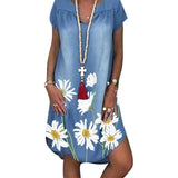 Woloong Aiertu Fashion Women's Summer Jeans Dress Short Sleeve Chrysanthemum Print Irregular Hem Loose Denim Dress Casual Vintage Women Dress