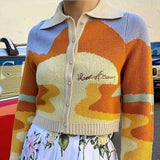 Letter Embroidery Harajuku Knitted Single Breasted Cropped Cardigan Women Autumn Long Sleeve Turn Down Collar Sweater Coat
