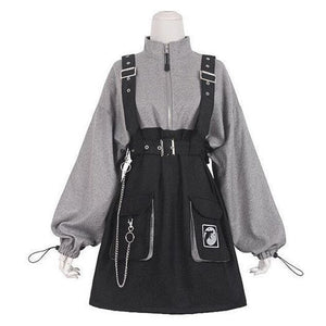 woloong Retro Vintage Women Gothic Girls Punk Mini Dress High Waist Long Sleeve Hat Collar Sexy Gry Black Lolita Plus Size Jurken
