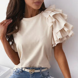 Summer Short Sleeve Women Shirt Pullover Lady Casual O Neck Solid Blouse Shirt Fashion Layered Ruffle Tops Blusa Streetwear
