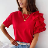 Summer Short Sleeve Women Shirt Pullover Lady Casual O Neck Solid Blouse Shirt Fashion Layered Ruffle Tops Blusa Streetwear