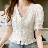 Lace Top Women Casual Sweet Embroidered Shirt Fashion High Waist Short Sleeve V-neck Puff Sleeve Elegant Women Blouses 9778