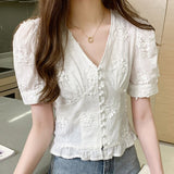 Lace Top Women Casual Sweet Embroidered Shirt Fashion High Waist Short Sleeve V-neck Puff Sleeve Elegant Women Blouses 9778