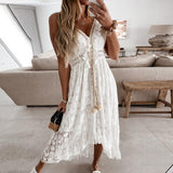 Summer Casual V-Neck Lace Patchwork Dress Women Mid-Calf Dress Sexy Hollow Out Sleeveless Spaghetti Strap Dress Vestidos