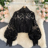 Woloong Newest Spring Autumn Sexy Lace Shirt Hollow Out Lantern Stand Collar Short Blouse Women Elegant Casual  Loose Tops Blusas