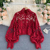 Woloong Newest Spring Autumn Sexy Lace Shirt Hollow Out Lantern Stand Collar Short Blouse Women Elegant Casual  Loose Tops Blusas
