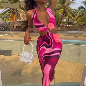 Woloong Tie Dye Summer Dress Women Waist Cut Out Backless Halter Robe Festival Clubwear Bodycon Sexy Party Maxi Dresses