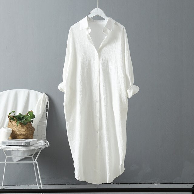 Woloong Long Sleeve Long Shirt Dress Spring Autumn Casual  Buttons Loose Dresses Robe Femme Vestido