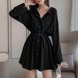 Gothic Black Women Dress Long Sleeve Fall Solid Simple Elegant Goth Casual Sexy A Line Short Dresses Vintage