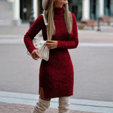 WEPBEL Women Elegant Autumn Winter Knitted Sweater Dress Casual Ladies Solid Color Long Sleeve Turtleneck Split Bodycon Dress