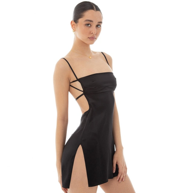 Rayon Suspender Dresses For Women Summer Sexy Backless Party Club Mini Slit Dress Adjustable Streetwears